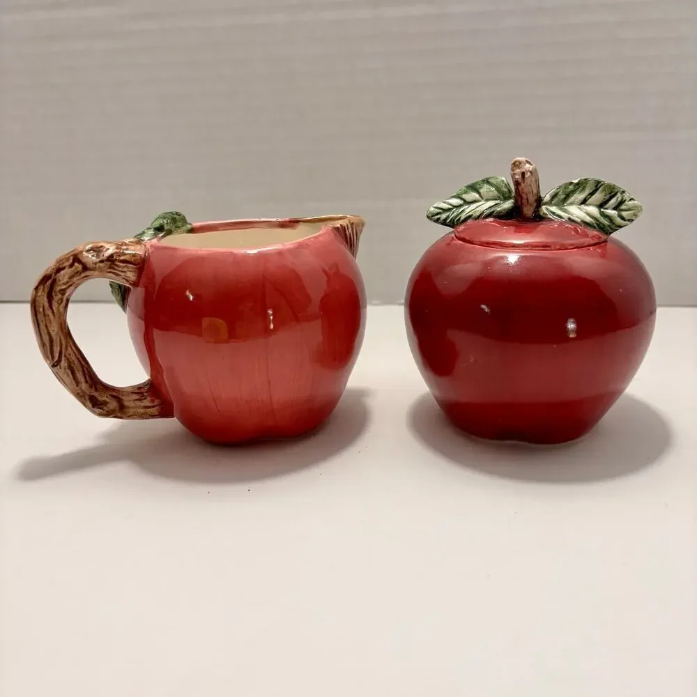 Vintage Red Apple Creamer and Covered Sugar Bowl Set Hand Painted